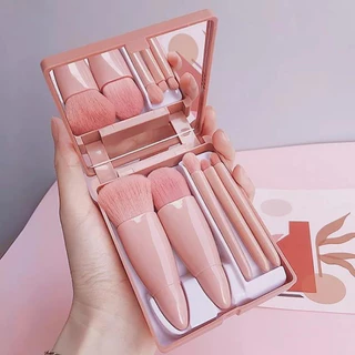 Mini Espelho De Maquiagem Portátil Com Kit 5 Pcs Pincéis De Maquiagem Lupa Mão Segurar Bolso Dobrável Maquiagem Beleza