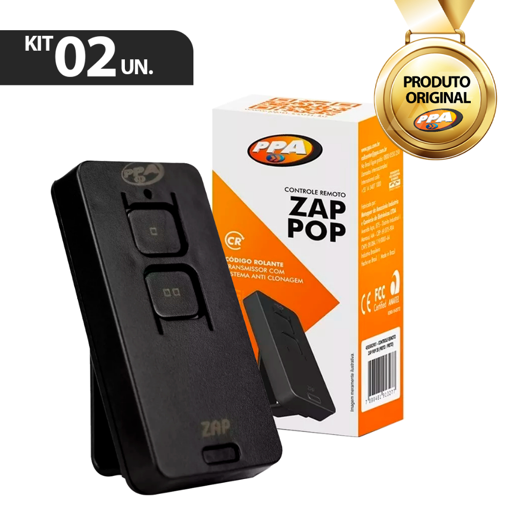 Kit 2 Controles Remoto PPA Tx Zap Pop 433,92mhz Preto 2 Botões