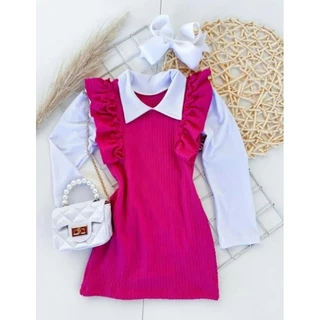 Vestido manga longa Infantil menina Mini diva babado cor pink