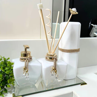 Kit Para Lavabo Jogo Banheiro Difusor Porta Sabonete Líquido e Escovas Bandeja Decoração + Organizador- K254 Coleção Grécia