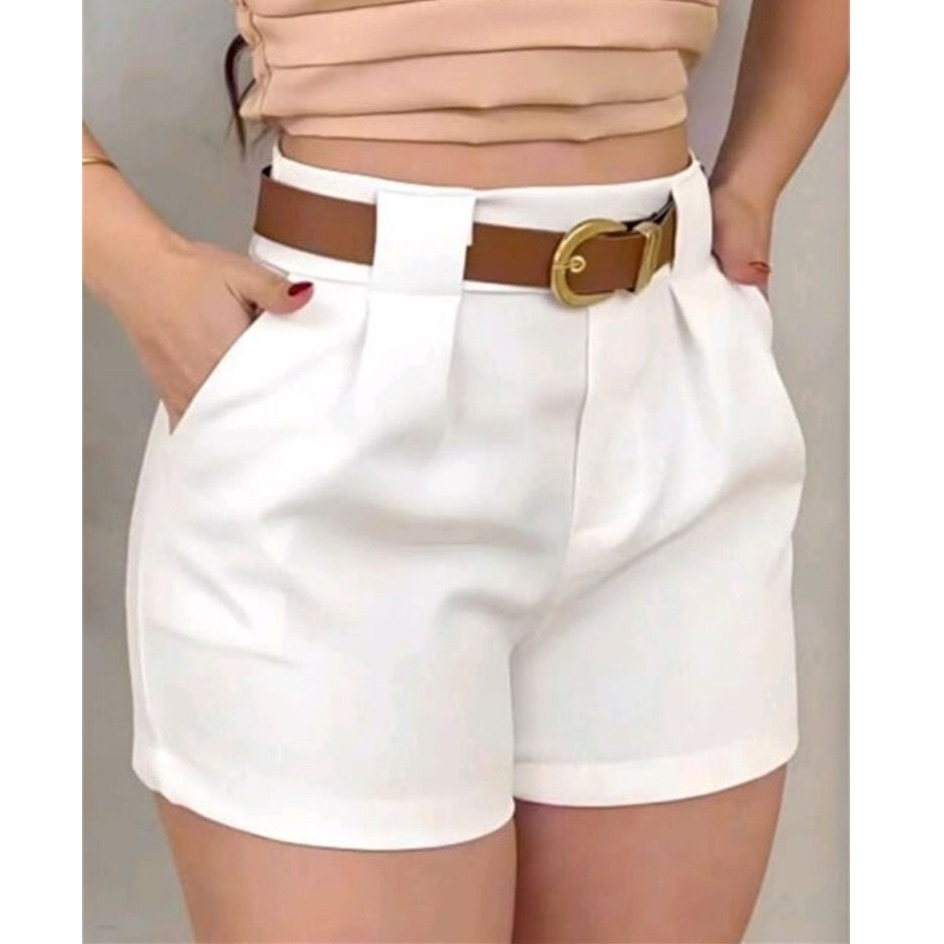 Short Alfaiataria Feminino Social Cintura Alta Com Cinto Com Bolso ...