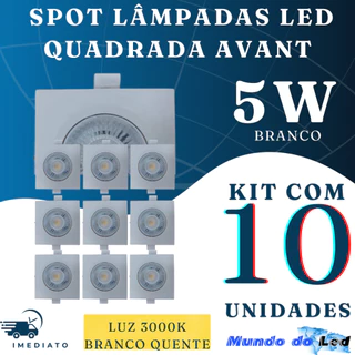 Kit 10 Spot Lâmpadas Led Quadrada 5w 3000k Branco Quente Avant