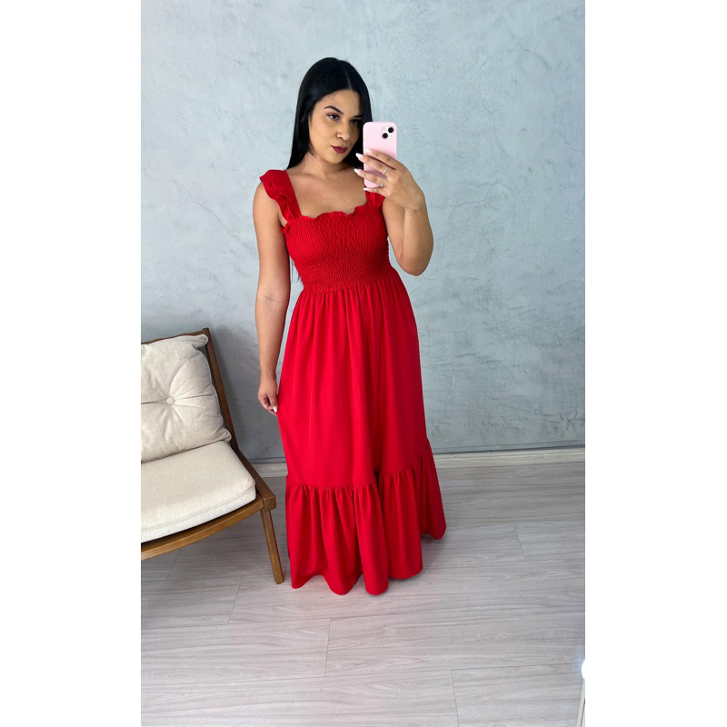 vestido longo vermelho natal lastex cor lisa alça | Shopee Brasil