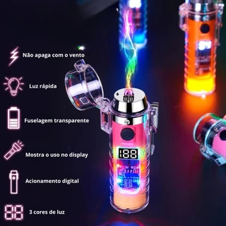 Isqueiro Plasma Recarregável USB LED Prova D'água e Lanterna Luz COB Potente Indicador de Bateria