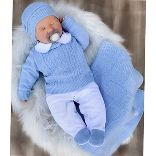 Saída de maternidade menino em tricô azul bebê