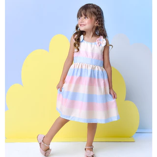 Vestido infantil Menina Moda Listrado Com Laço Ombro Rodado Princesa Festa Casual