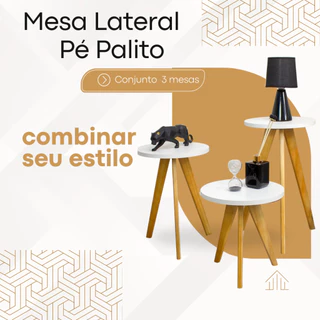 Kit Trio Jogo de Mesinha Lateral Redonda, Sala, Pé Palito Retro, Mesa de Cabeceira, Centro e Canto