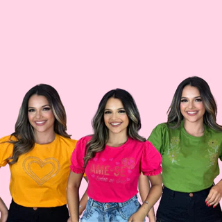 Kit 3 Camiseta T-shirt Manga Bufante vários Modelos 100% Algodão Fio 30