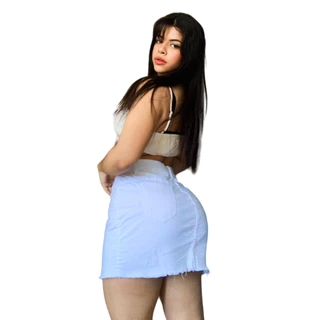 Saia Jeans Feminina Cintura Alta Barra Desfiada Branca Modeladora
