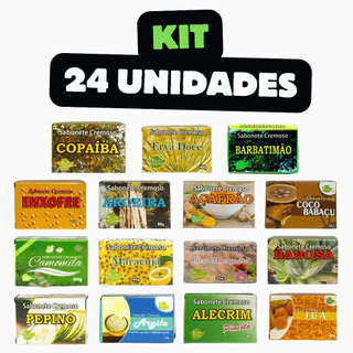 Kit com 24 - Sabonete Natural Cremoso - Açafrão - Aroeira - Pepino - Juá - Babosa - Copaíba - Argila - Camomila - Maracujá - Alecrim - Rosa Mosqueta - Coco Babaçu - Erva Doce - Enxofre - Barbatimão - 90g - Aroeira Cosmética
