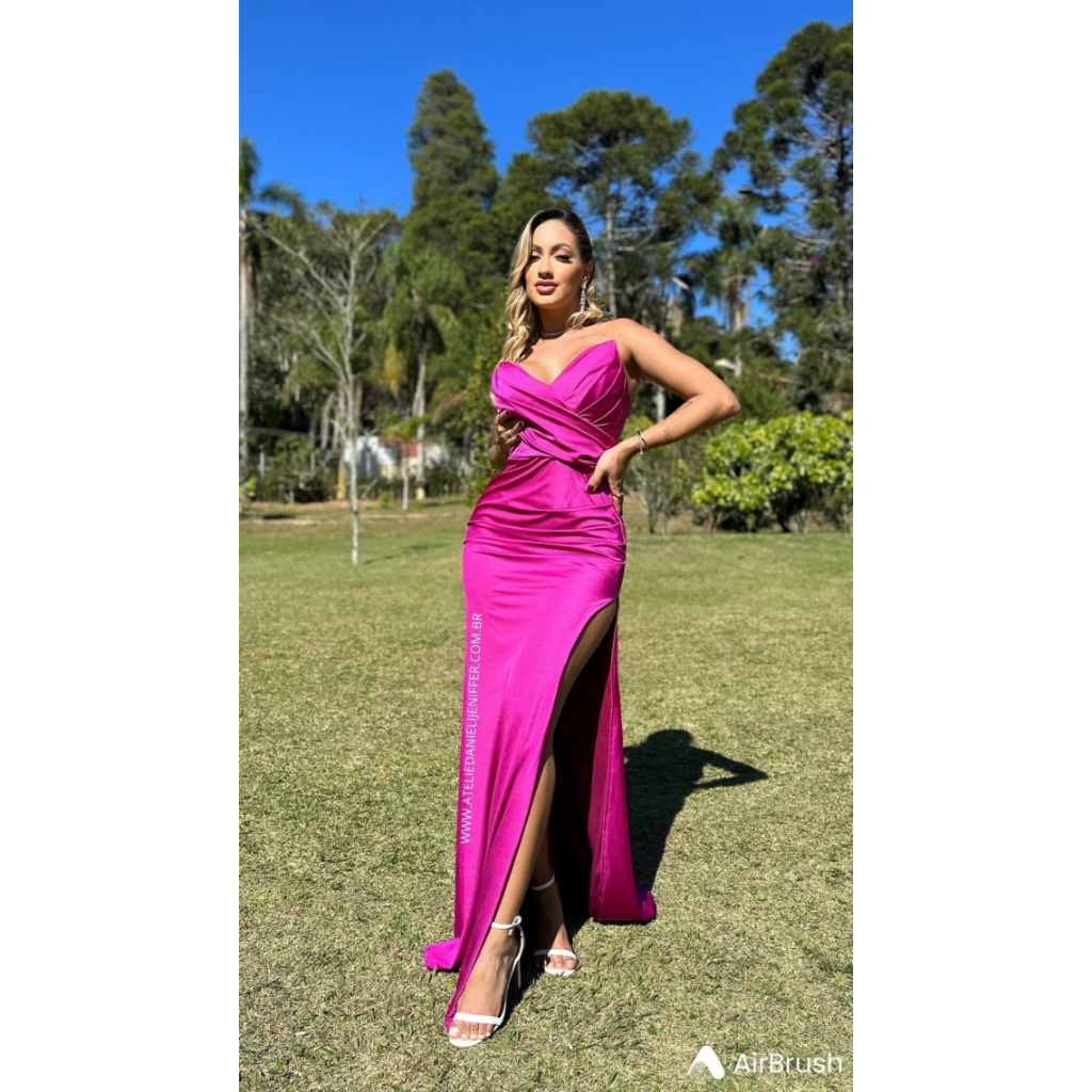 Vestido Longo Tomara Que Caia Cetim Brilhoso Rose Rosa Claro Com