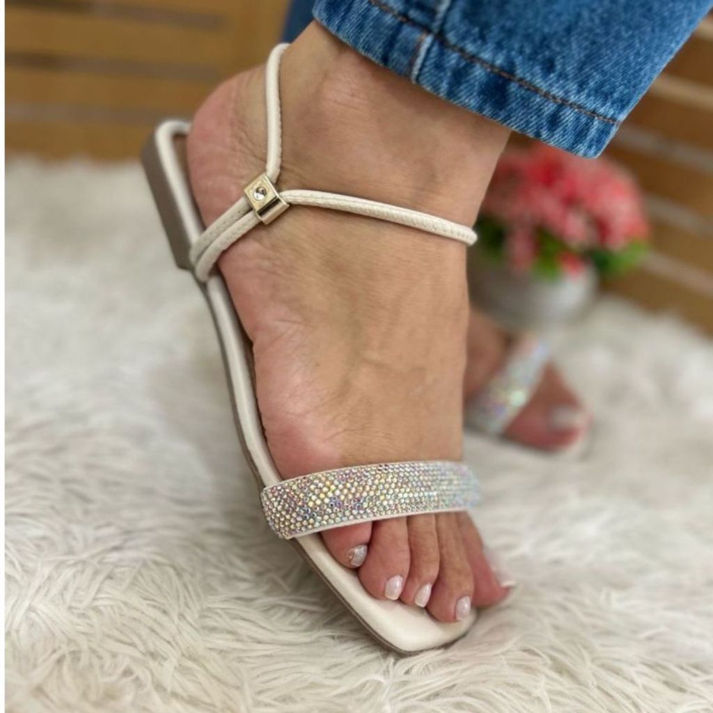 Sandalia Rasteira Feminina Rasteirinha Tira Larga Detalhe Strass ...