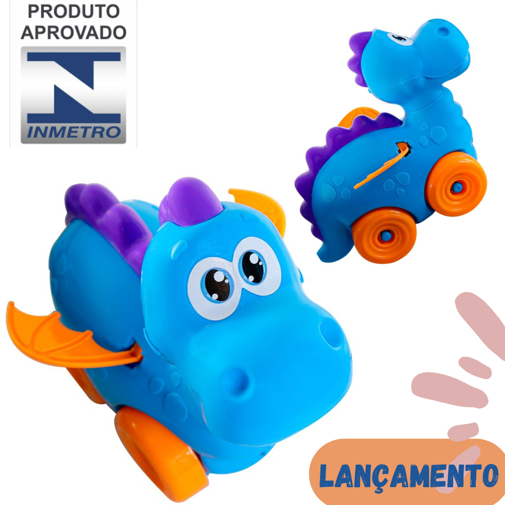 Carrinho infantil Dragão com rodinhas Dragossauro Bate as Asas e Mexe a Cabeça Emite Som