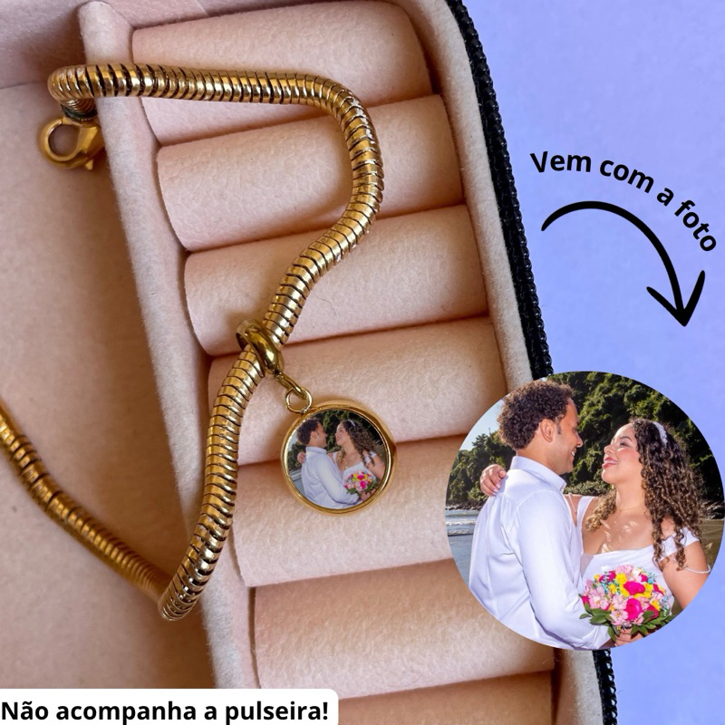 Berloque personalizado com foto Aço Inox Dourado | Shopee Brasil