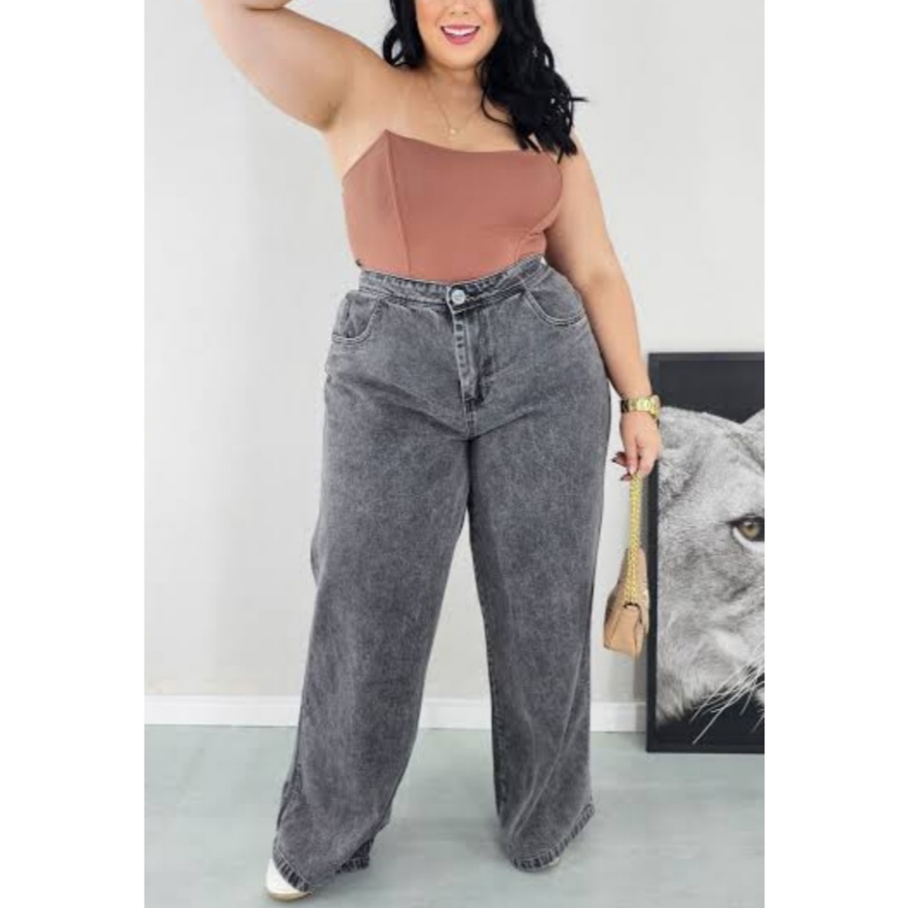 CALÇA JEANS WIDE LEG PLUS SIZE WID LEG PANTALONA 46 AO 56 MARMORIZADA PRETA
