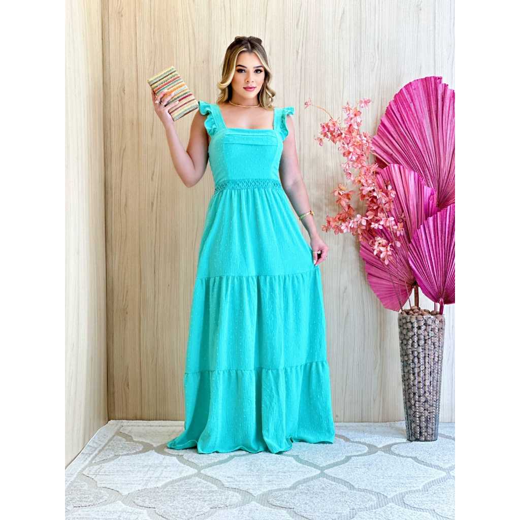 Vestido Longo Feminino Três Marias com Alça e Babado Vestido em Duna  Pipoca com Renda na Frente