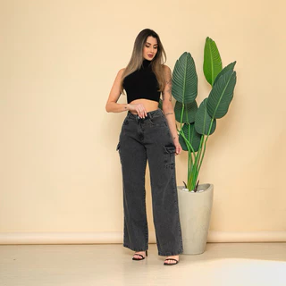 Calça Cargo e Wide Leg Jeans Cinza Escuro Modelo Lançamento 2024
