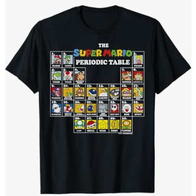 Camiseta Super Mario Camiseta gráfica com tabela periódica de personagens