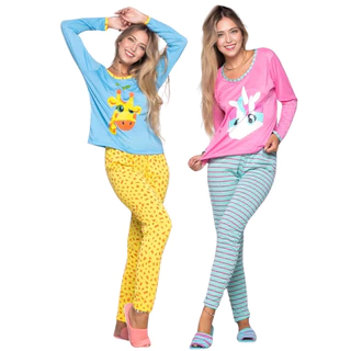 Kit 2 Pijama Longo Feminino Conjunto de Frio Personagem Roupa de Dormir Moda Intima Calça Blusa Manga Estampado