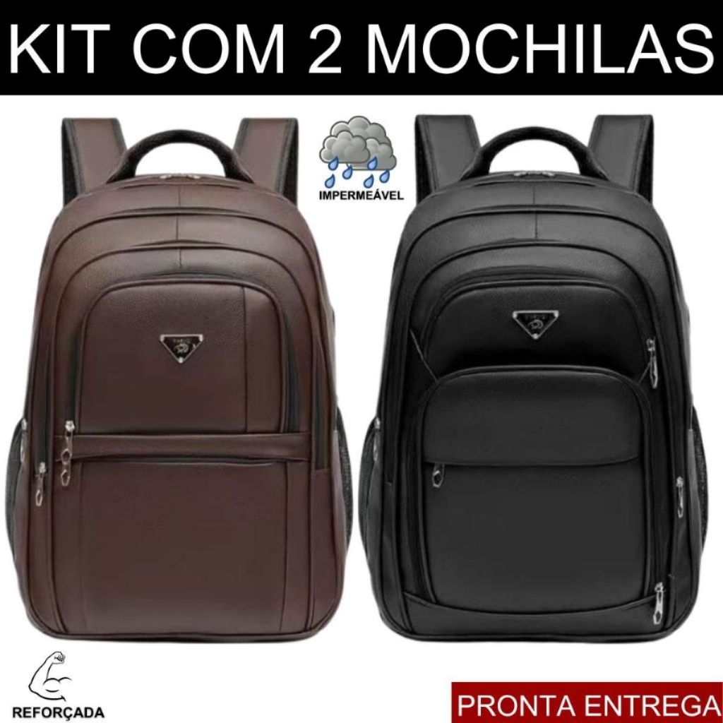 Kit 2 Mochilas Bolsa Reforçada Couro Notebook Escolar Trabalho Faculdade Masculinas/Feminina