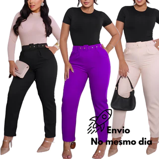 Calça feminina alfaiataria reta com cinto estilo social cintura alta moda blogueirinha diversas cores