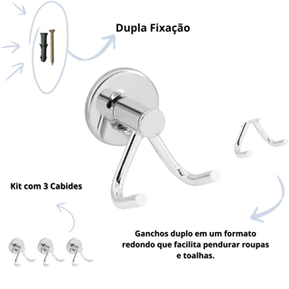 kit 3 Cabides de Parede Duplo Aço INox Cabideiro Multiuso