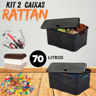 Kit 2 Caixa Organizadora 70 Litros Rattan Preta Grande Resistente Com Tampa Documentos Ferramentas Brinquedos Roupa Alimento Domestico Multiuso Cesto Armazenamento