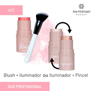 Kit Blush Stick Brigitte + PINCEL KABUKI CONTORNO + Iluminador Stick Sophia ou Marilyn Ana Hickmann