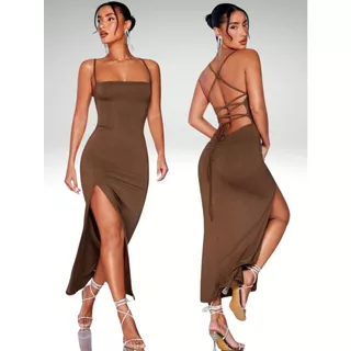 Vestido alcinha colado longo feminino costa nua trançado empina bumbum com fenda elegante festa