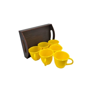 kit Bandeja Madeira com 6 xicaras Canecas acrílicas de 85ml Café Chá amarelo amarela