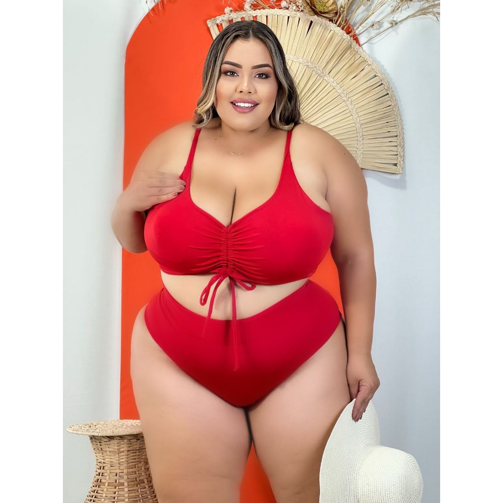 Biquini plus size feminino liso com bojo Cintura alta