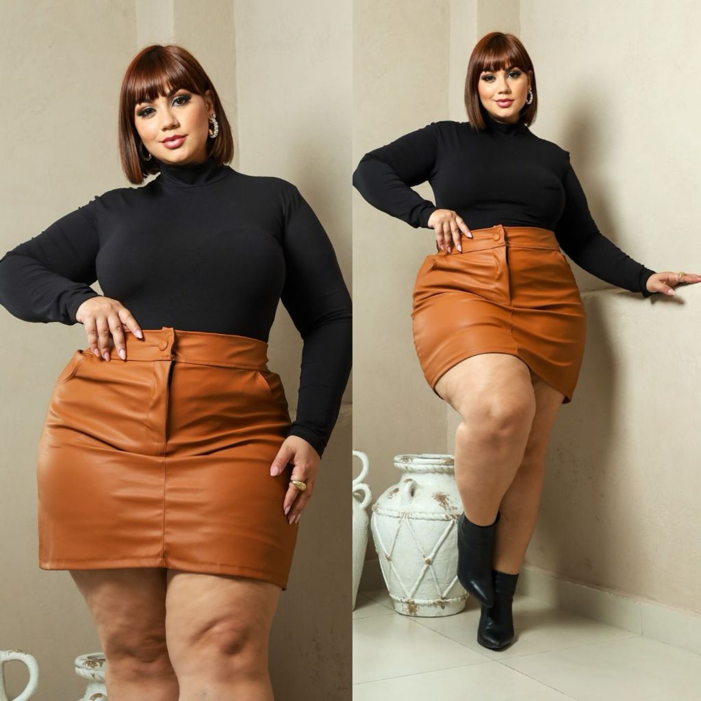 SAIA DE COURO PLUS SIZE COM SHORT PROTETOR CÓS ELASTICO LOOK INVERNO ...