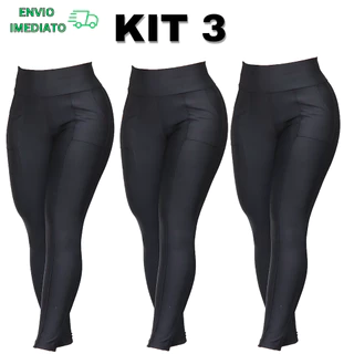Kit 3 Calça Montaria Feminina Calca Legging Cintura Alta Zero Transparência Com Bolso