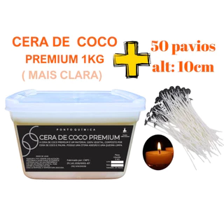 Cera de Coco Premium 1kg mais clara + 50 pavios alt.10cm para velas artesanaus