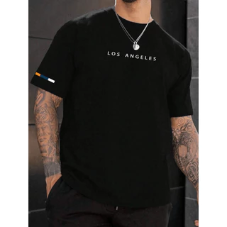 Camiseta Masculina Los Angeles Detalhe na Manga 100% Algodão fio 30.1 Corte reto P ao GG