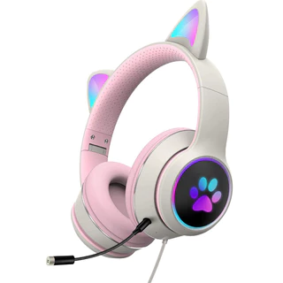 Fone de ouvido com fio estéreo dobrável com luz LED e suporte de controle de volume de gato Glowing