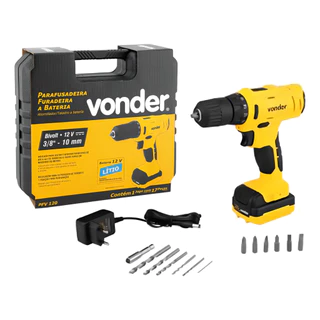 Parafusadeira furadeira Com Maleta  acessórios + 1 bateria 12V fonte bivolt automática PFV120 VONDER