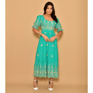 Vestido midi lese bordado algodão 3D manga curto 0178