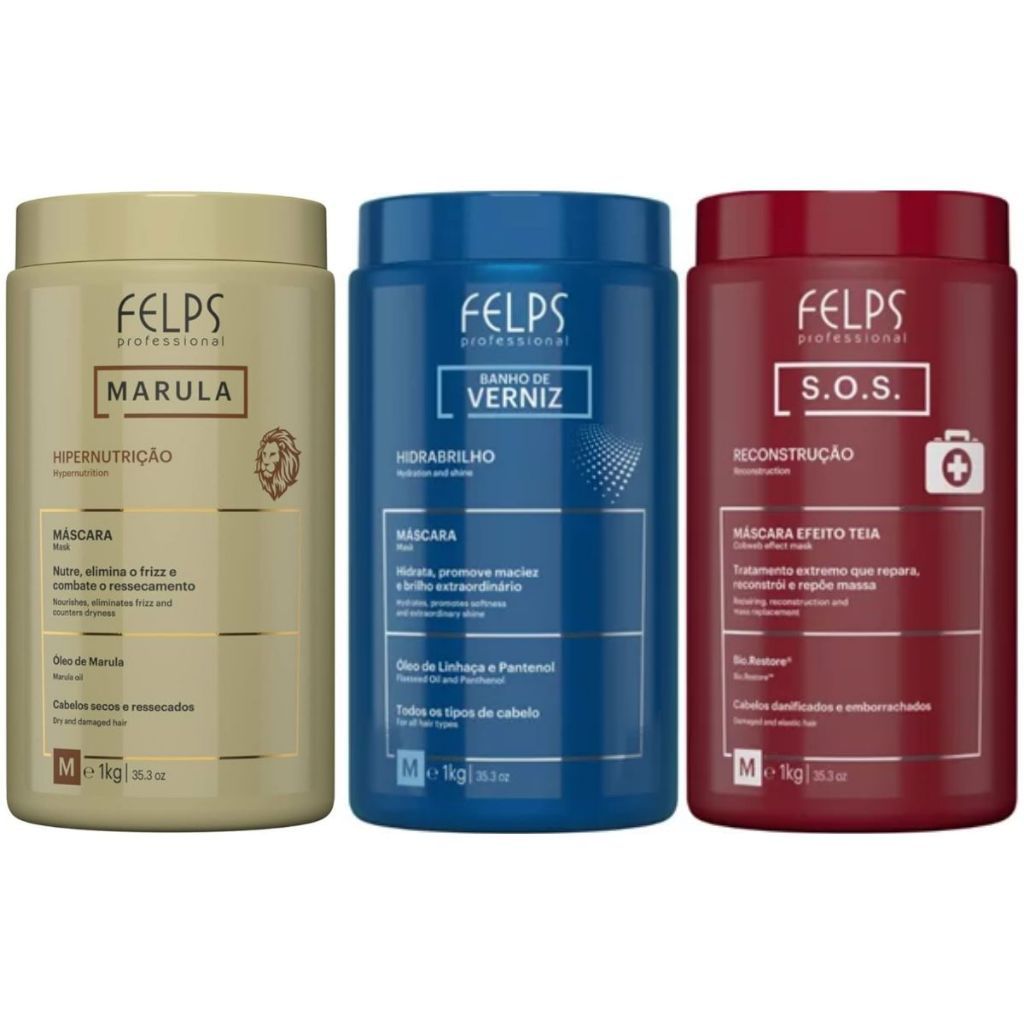 Kit Felps Máscaras - Sos 1kg + Verniz 1kg + Marula 1kg - 3 Produtos ...