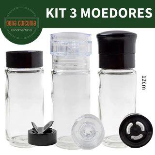 KIT 3 Moedores de Pimenta do Reino VAZIO de vidro 100ml Moedor de Sal Triturador de Condimentos e Especiarias Pote de tempero