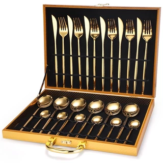 Kit 24 Peças Jogo De Talheres Dourados Aço Inoxidável 416 Caixa De Madeira