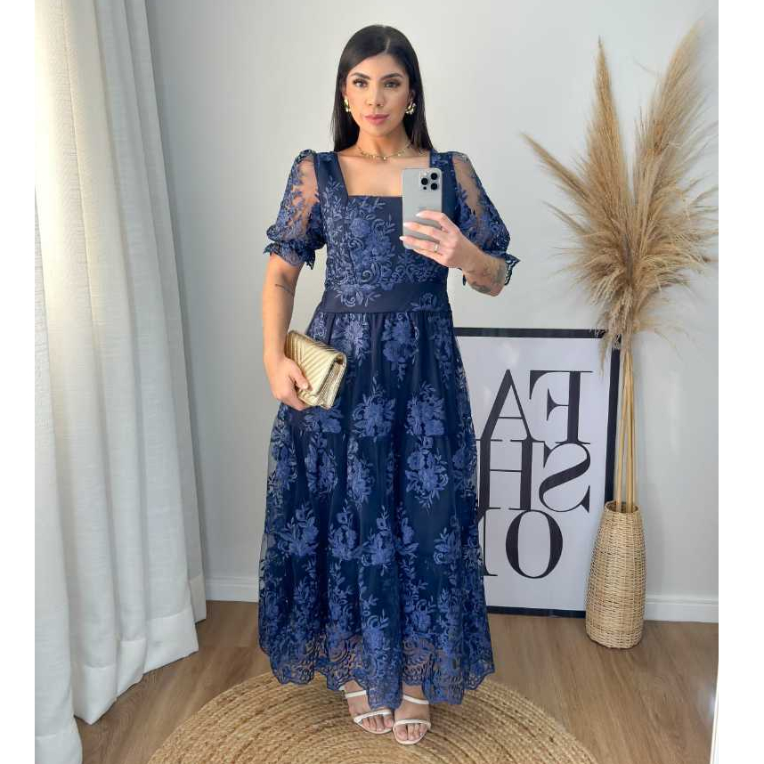 Vestido Midi TecidoTule Bordado Forrado Manga Princesa