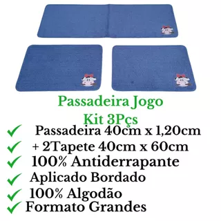 Tapete Jogo Kit 3Pçs Cozinha Passadeira 40cm x 1,20 + 2Tapetes 40cm x 60cm Aplicado Bordado 100% Algodão 100% Antiderrapante.
