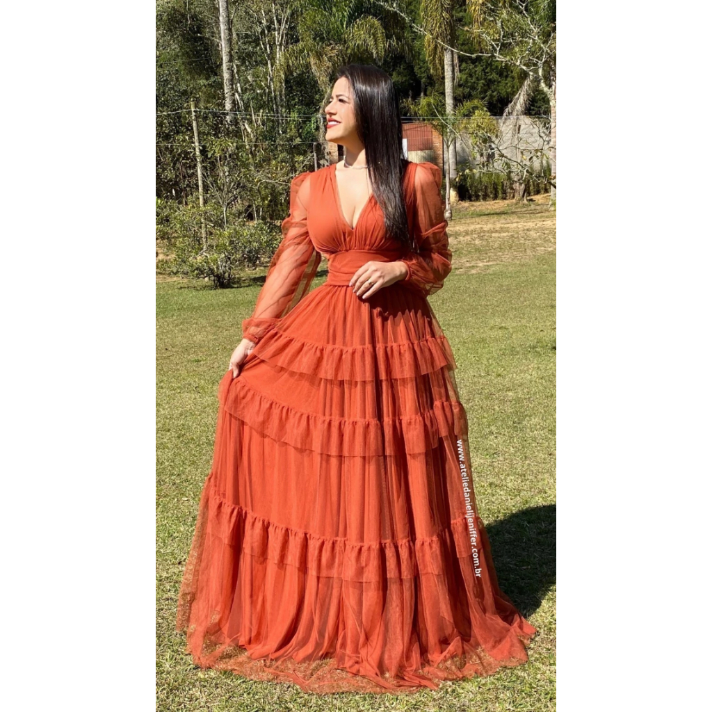 Terracota Vestido De Festa Longo Com Manga Transparente Vestido