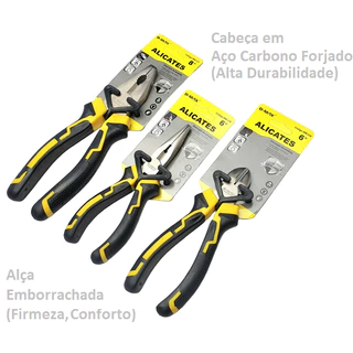 Kit Jogo 3 Alicates Universal Bico Meia Cana Corte Diagonal Emborrachado Aço Carbono Temperado