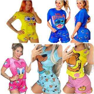 Pijama Feminino Verão Luxo Baby Doll Sexy Shorts e Blusinha Manga Curta Personagens