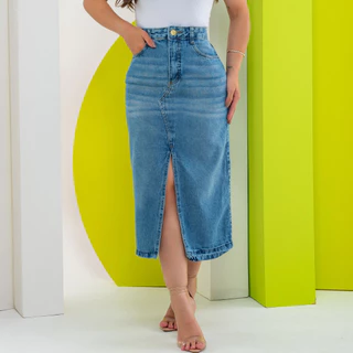 Saia jeans midi Com Fenda Frontal Feminina longa