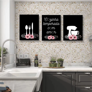 Kit 3 Placas Decorativas MDF Tema Cozinha Culinária Utensílios Casa Design Frases Tradicional 20x28,5cm