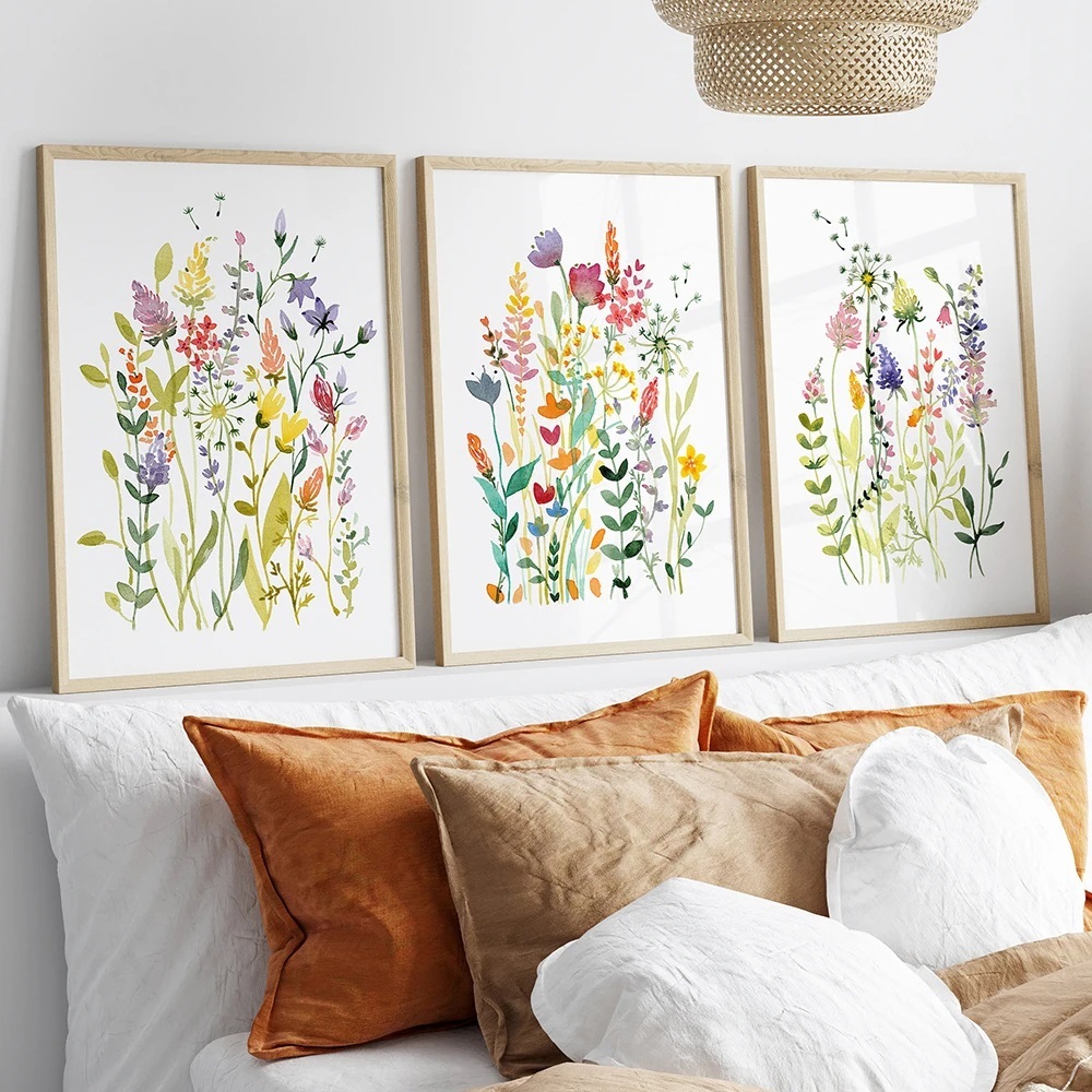 Quadro decorativo 3 peças 40x60 colorido aquarela flores coloridas ...
