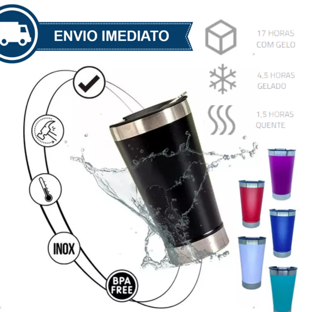 Copo Inox Térmico Com Tampa e Abridor 473ml Para Cerveja